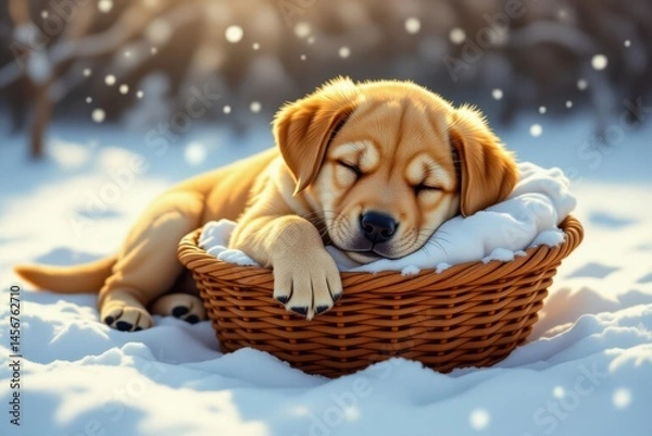 Fototapeta Labrador puppy sleeping in basket, surrounded by soft white snow, creating serene scene. Concept of labrador puppy sleeping in basket highlights tranquil atmosphere of dogs.
