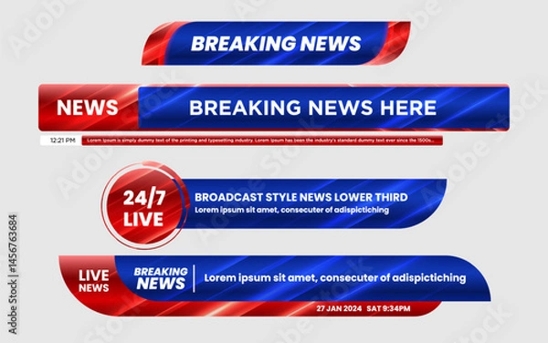 Obraz Set of lower third bar templates for breaking news, sports news on television, video and media online. Newscast lower third banner vector. Newscast lower third banner vector.