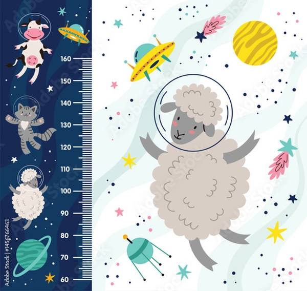 Fototapeta Kids height chart, space, cute animal astronauts in outer space. Height meter. Cartoon vector flat illustration