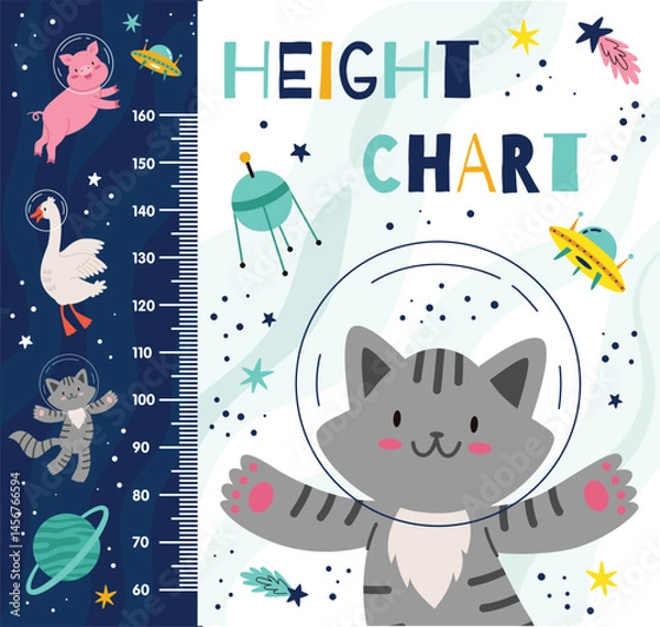 Fototapeta Kids height chart, space, cute animal astronauts in outer space. Height meter. Cartoon vector flat illustration