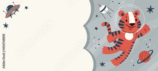 Fototapeta Space kids poster.Animal astronauts in among the stars and comets,Giraffe.A postcard, a flyer, an invitation.Vector cartoon flat illustration.
