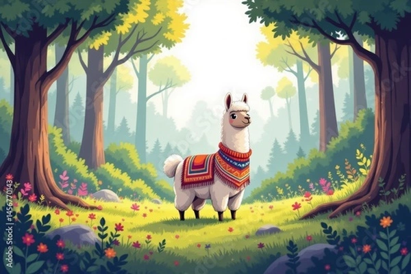 Fototapeta Cute llama in poncho surrounded by lush forest, soft light filtering through trees. Concept of whimsical llama in poncho among green grass, flowers, animals.