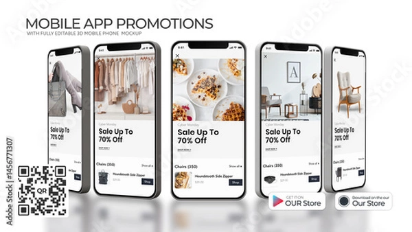 Obraz 3D Mobile Phones Carousel for Mobile App Promo