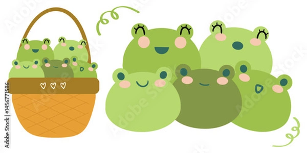 Fototapeta Set of cute smile face animals sit on white background, frog in the basket, hand drawn.Animal character cartoon.Kawaii