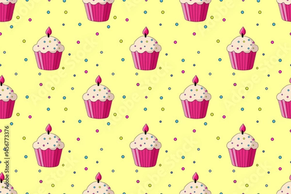 Obraz Cute seamless pattern of mouth-watering birthday cupcake and lots of colorful dragees. Sweet holiday gift, dessert. For packaging, textiles, website, background.