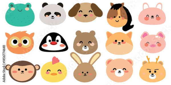 Fototapeta Set of cute smile face animals sit on white background, Zoo. Dog, rabbit, frog, penguin, bear, etc, hand drawn.Animal character cartoon.Kawaii