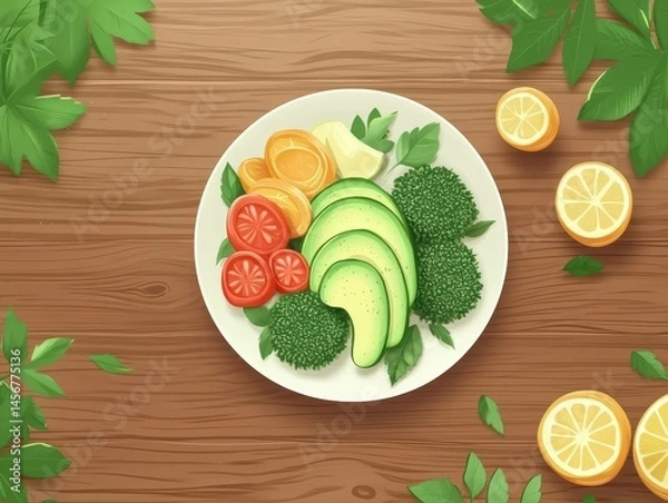 Fototapeta Healthy Salad with Avocado Broccoli Tomato Lemon and Orange on Plate Flat Lay Style