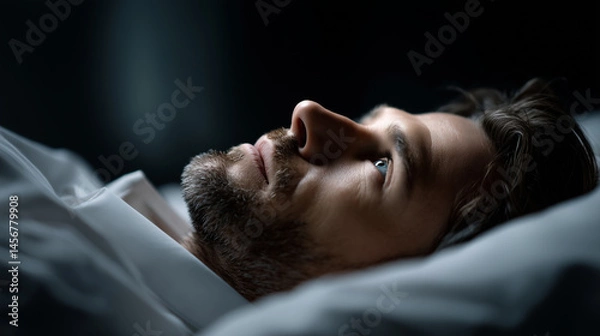 Obraz Man with stubble lying in bed looking up in dark room at night time