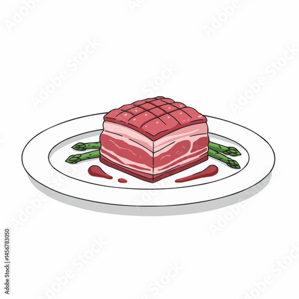 Obraz Meat slice served with asparagus, in a white plate, cartoon-style illustration