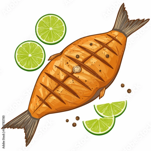 Obraz A grilled chicken with lime halves on a white backdrop in a cartoon style illustration