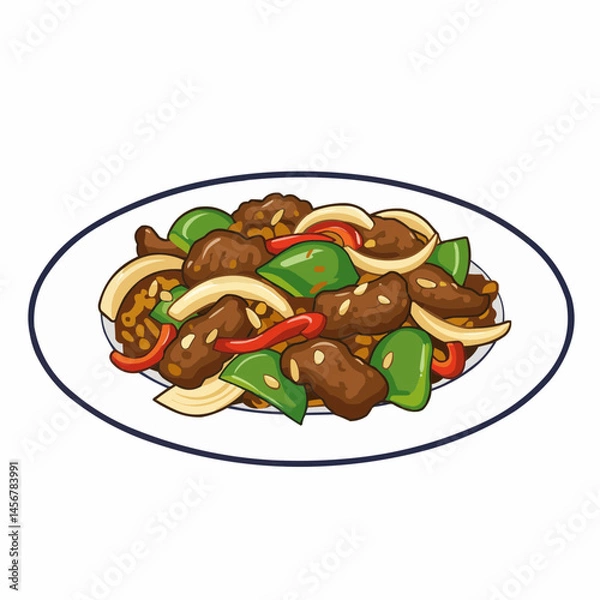 Obraz Cartoon style beef with onions and peppers on plate against white background