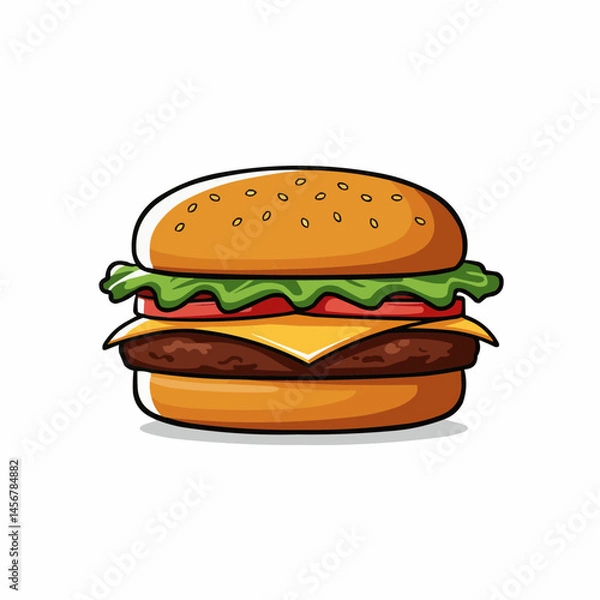 Obraz Cartoon-style hamburger, showing bun with seeds, green lettuce, and red tomato slice