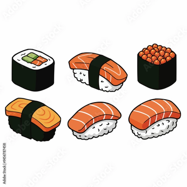 Obraz An isometric image of sushi with fish and rice, seaweed and rice. Cartoon style