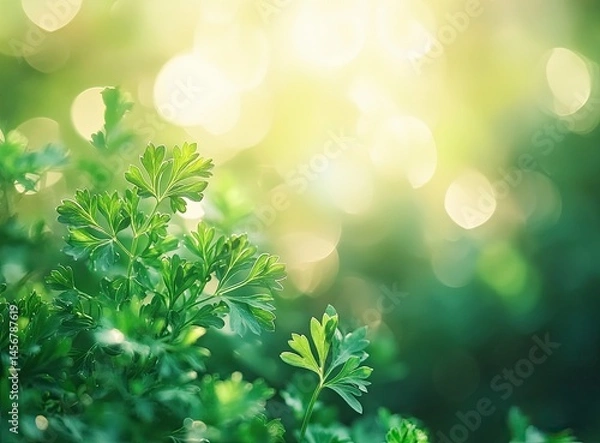 Fototapeta Close up of fresh green curly television parsley plant in garden, macro photography with shallow depth field. The background is blurred and bokeh to highlight the subject. generative ai