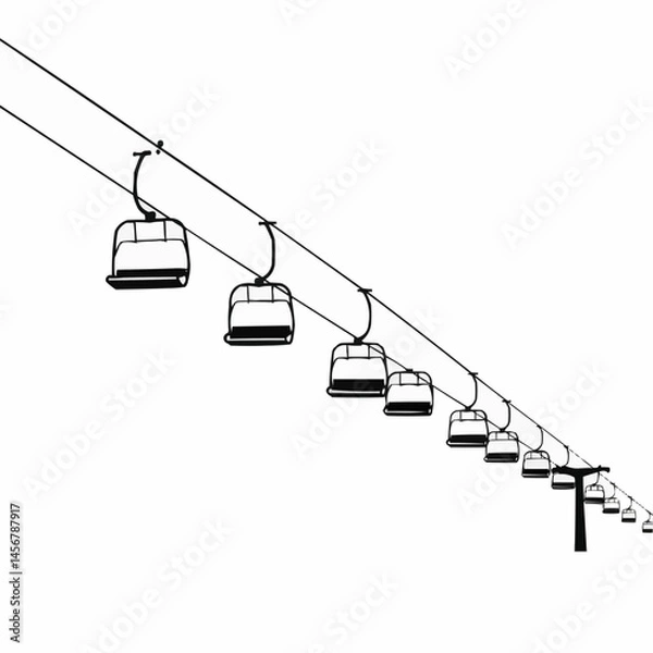 Obraz Black and white image of multiple ski lifts suspended from cables on a blank background