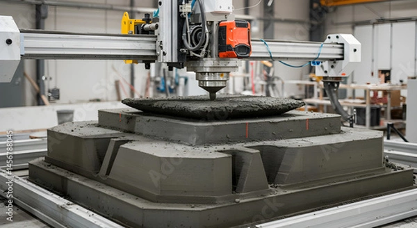 Fototapeta Automated Concrete Milling Machine Precision Cuts Gray Block in Well Lit Industrial Setting for Modern Construction