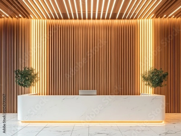 Fototapeta Modern reception area with marble counter and wood paneling illuminated by LED lights interior design