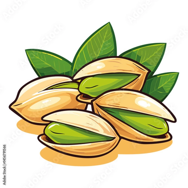 Obraz Pistachios with leaves color vector illustration. Arrangement of nuts on isolated background for packaging and design.