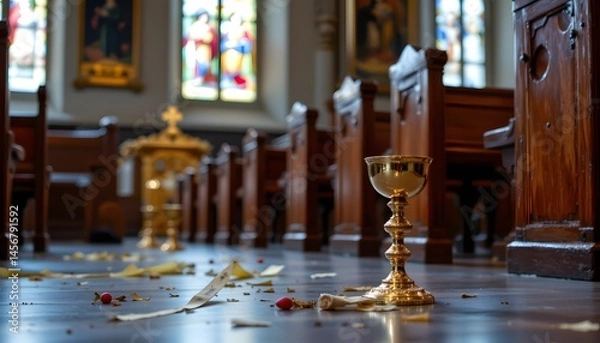 Fototapeta Golden Chalice in Church: A golden chalice sits on the floor of a church, surrounded by fallen petals. Sunlight streams through stained glass windows, creating a serene and spiritual atmosphere.