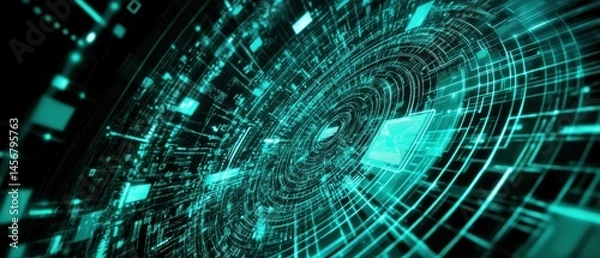 Fototapeta Abstract Digital Data Stream in Teal Tones Shows Information Flow and Processing with a Futuristic Cyberpunk Aesthetic