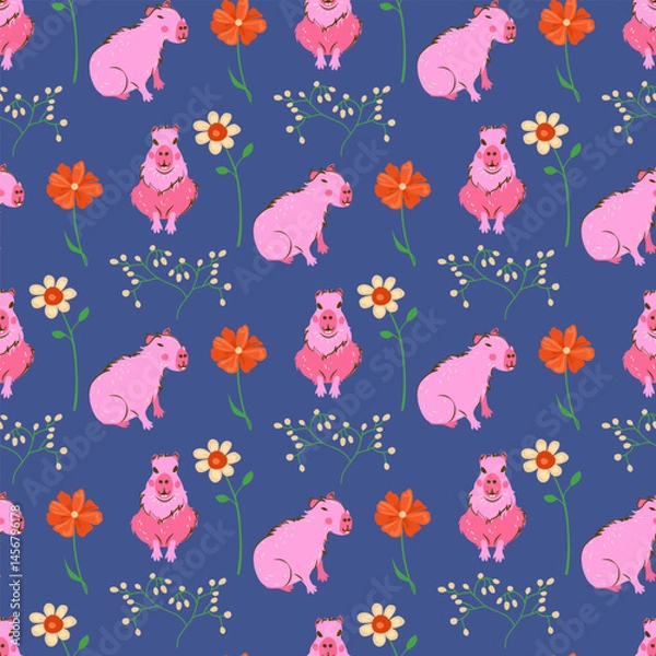 Obraz  Capybara pattern with beautiful sweet flowers print design. Seamless purple background funny and pretty capybara. Cartoon style hand drawn  pink color animal vector illustration for your design