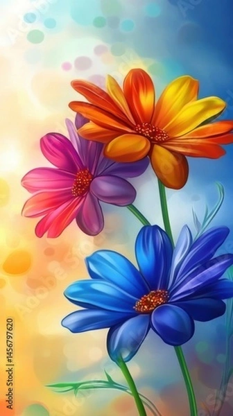 Fototapeta Vibrant Daisy Trio Close Up Artistic Rendering Colorful Petals and Stems on Bokeh Background