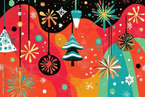Fototapeta Festive holiday background featuring ornaments, snowflakes, and Christmas trees in a retro style. Colorful and playful design for seasonal greetings and decorations.