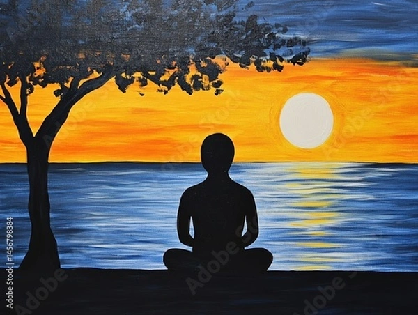 Fototapeta Silhouette of person meditating at sunset by the sea with tree in foreground peaceful scene