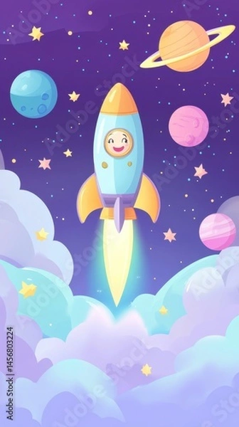 Fototapeta Whimsical Cartoon Rocket in Space with Colorful Planets and Stars