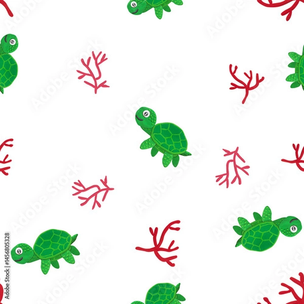 Obraz Cute green turtles and red coral made from plasticine on white background. Fun and colorful handmade sea life pattern in textile art style, ideal for kids design, fabric, or craft projects...