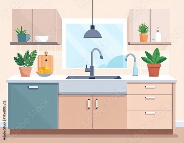 Fototapeta Pastel Modern Kitchen Interior Design Illustration