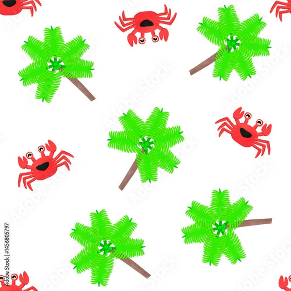 Obraz Playful plasticine artwork showing red crabs and coconut trees arranged on a white background. Bright and fun clay-style tropical pattern for kids’ design, summer themes, or textile art use.