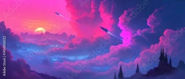 Fototapeta Spaceships Soaring Above Pink Clouds at Sunset in a Fantasy Landscape Digital Art Wide Angle