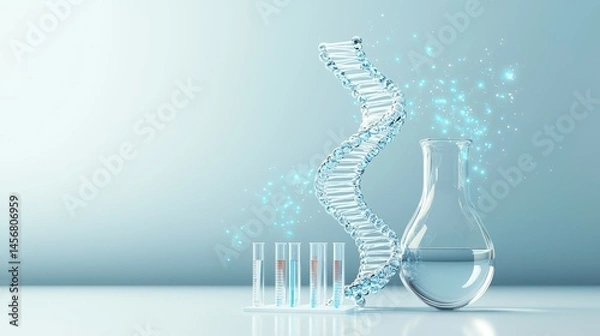 Fototapeta A captivating image of a DNA strand and laboratory glassware in a bright lab setting.