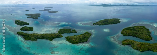 Obraz Healthy coral reefs fringe the idyllic islands of Garacie, near Halmahera, Indonesia. This scenic, biodiverse area lies between Sulawesi and Raja Ampat. It is a destination for divers and snorkelers.