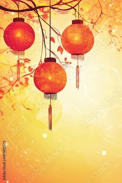 Fototapeta Festive Orange Lanterns Hanging from Branch in Watercolor Style Illustration with Warm Yellow Tones