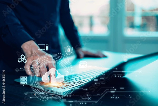 Obraz Cloud technology concept Global network of metaverse systems concept, Man hand touch data with internet cloud technology and File Transfer backup copy,Global business  Internet for Telecommunication
