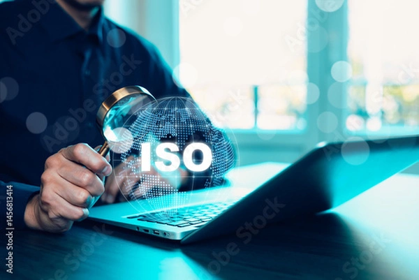 Fototapeta Business people working Laptops with ISO standards quality control concept, assurance warranty, Quality control standards, Researching international standards organization, Business technology concept