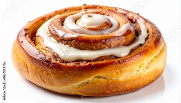 Fototapeta Cinnamon roll pastry icing sweet concept. Cinnamon roll with frosting on a white background.