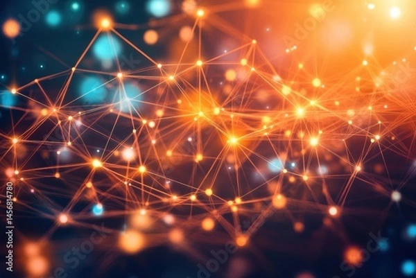 Obraz Abstract Network Connection Background with Nodes and Lines in Orange and Blue Tones High Angle View