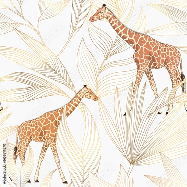 Obraz Exotic palm leaves plant with animals giraffe. Gold shine seamless pattern. Line art tropical jungl background.