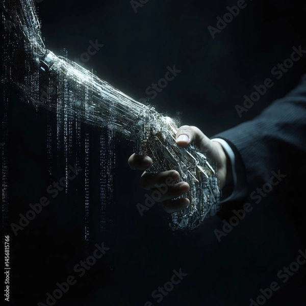 Obraz A businessman shaking hands with a digital, glitchy arm in a dark, futuristic setting, symbolizing technology