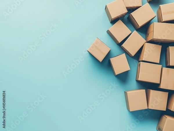 Fototapeta Brown cardboard boxes scattered on a blue background flat lay top down view shipping moving storage delivery concept