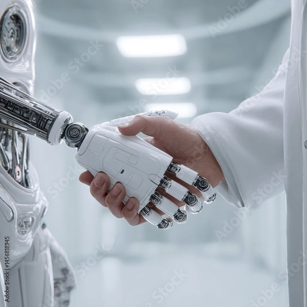 Obraz A humanoid robot and a human scientist shake hands in a futuristic lab, showcasing collaboration in technology