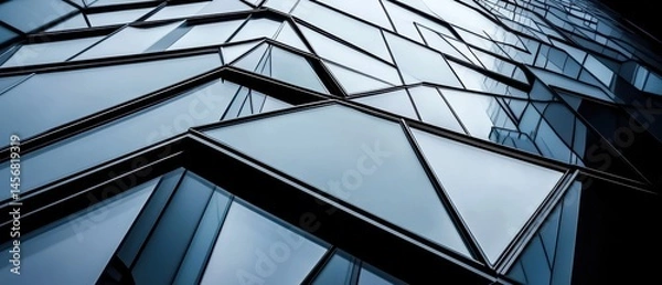 Fototapeta Modern Architecture Close Up View of Glass Facade in Downtown City Building Abstract Geometric Design Low Angle Perspective