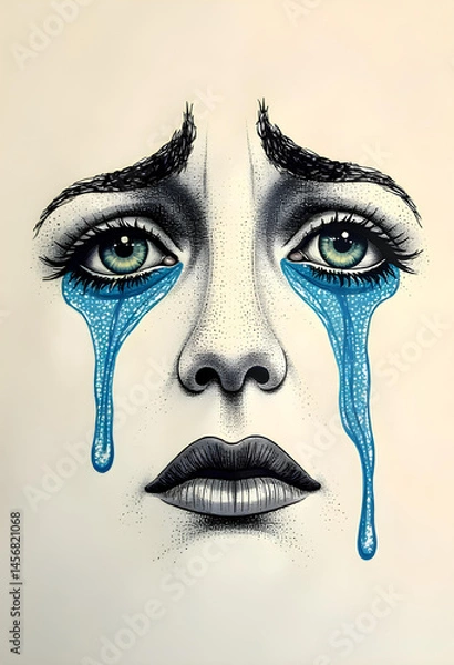 Fototapeta The illustration captures a woman's face, highlighting tears flowing from her eyes, expressing profound sorrow.