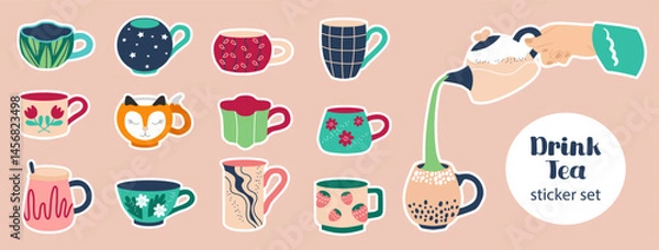 Fototapeta Set of stickers with cups and mugs of different shapes. Tea party. Vector illustration.