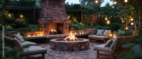 Obraz Cozy outdoor fireplace and seating area illuminated by string lights and lanterns at dusk