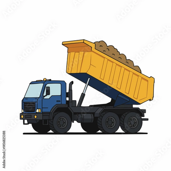 Obraz Animated dump truck with dirt. It's cartoonish and colorful
