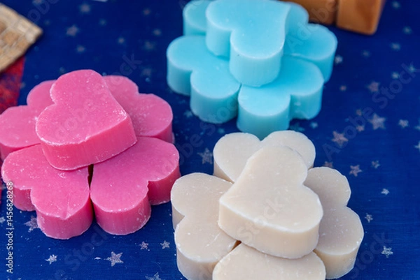 Fototapeta Heart-shaped handmade soaps in various colors